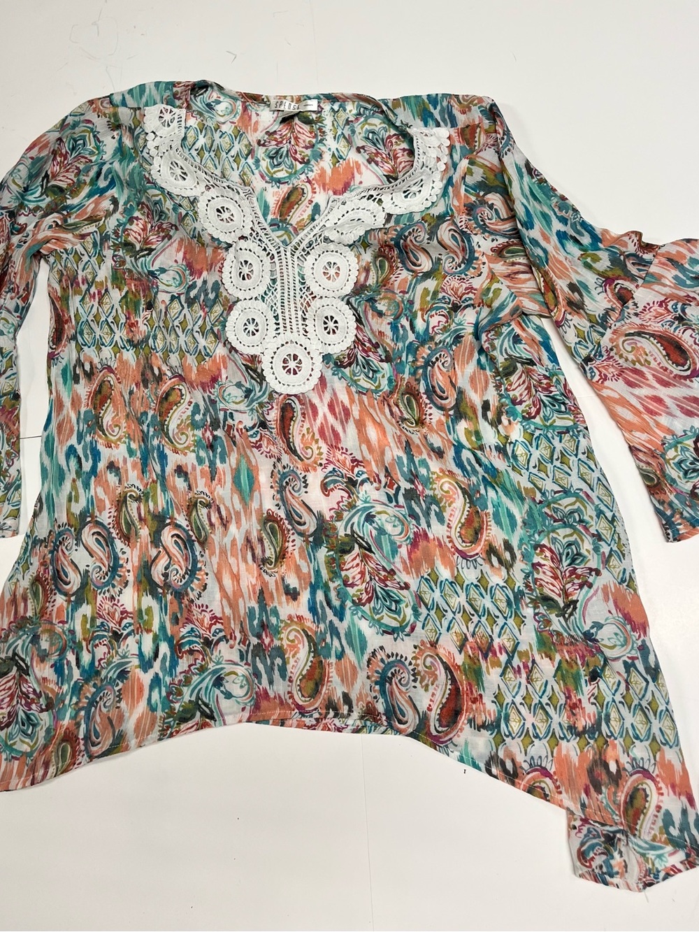 Spense Multi-Color Paisley Tunic with White Crochet Neckline